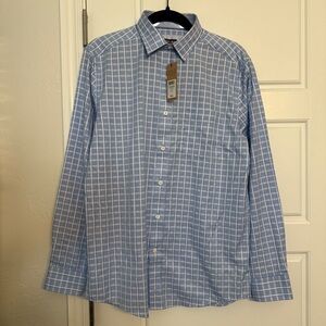 NWT men’s johnston & murphy plaid button up dress shirt in blue/white
